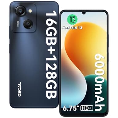 OSCAL Modern 8 Smart Phone, 16GB+128GB ROM/ 1TB TF, Android 13 Smartphone 6000mAh, 90 Hz 6.75" HD+ Large Screen Mobile Phones, Octa-Core, 50MP Camera, Fingerprint/FM/BT5.0/GPS/OTG/Face Unlock-Black