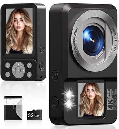 Digital Camera 4K Dual Screens Autofocus 64MP Compact Digital Cameras for Photography with 32GB Card 18X Digital Zoom Selfie Vlogging Camera for Kids Teens Beginners, Black