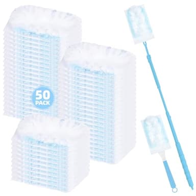 Nicemiya 52-Pack Duster Refills Compatible with Flash & Swiffer Dusters, Flash Dust Magnet Refills-Effectively Removes Dust, Dirt and Pet Hair for Home & Office Cleaning (50 Refills + 2 Handles, Blue)
