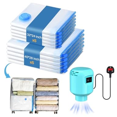 10 PC Vacuum Storage Bags with Electric Pump (5 Large/5 Medium),Reusable Travel Vacuum Bags for Duvets, Blankets, Travel, Moving