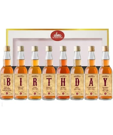 Birthday Brandy Selection Box – Premium Brandy Gift Set | Cognac, Armagnac, Calvados & World Flavours | Arranged to Spell "Happy Birthday" | Unique Gift for Brandy Lovers (Pack of 8) (Printed Box)
