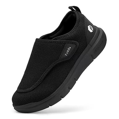 FitVille Mens Extra Wide Fit Diabetic Shoes Easy Close Adjustable Orthopedic Slippers for Swollen Feet Plantar Fasciitis Lightweight Walking Shoe, Black, 10 UK X-Wide