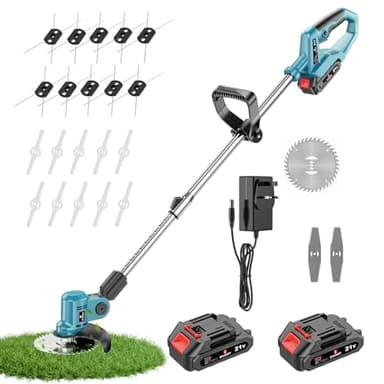 Grass Strimmer Cordless with 2 PCS 3.0Ah Battery and Charger Lightweight Garden Trimmers with 10 Steel Wire Replacement Spools, 10 Plastic Blades, 2 Metal Blades, 1 Saw Blade.