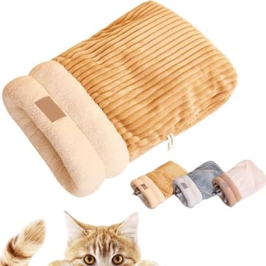Ousinby Cat Winter Sleeping Bag, Cats Sleeping Bag for Indoor Cat Self Warming Pet Bed Calm and Cozy Wrap for Indoor Small Pets (Brown)