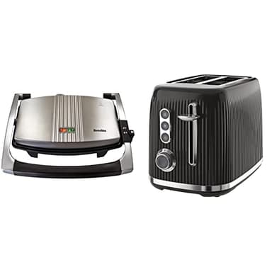 Breville Sandwich/Panini Press & Toastie Maker | 3-Slice | Non-stick-coated aluminium plates [VST025] & Bold Black 2-Slice Toaster with High-Lift and Wide Slots | Black and Silver Chrome [VTR001]