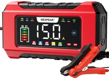 15A Car Battery Charger, 12V 15A/24V 8A Smart Fully Automatic Battery Charger with Temperature Compensation for Car Truck Motorcycle Marine Lead Acid Batteries and LiFePO4 Batteries