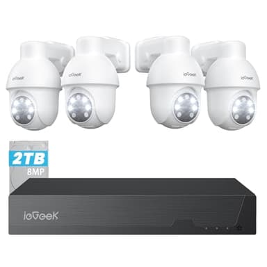 ieGeek【8MP+2TB HD】PoE Security CCTV Camera Systems with AI Human & Vehicle Detection, 4K Lite H.265+ DVR/NVR, 4PCS Home Security Cameras, 360°PTZ, Color Night Vision, Automatic Tracking, Remote Access