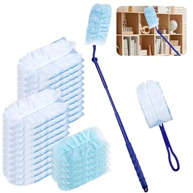 25 Pcs Duster Refills for Flash Dust Magnet, Blue Dust Magnet Refills with 1 Handle and 1 Telescopic Pole, Disposable Fluffy Duster for Cleaning, Lock Away Dust, Dirt and Hair for Home Office