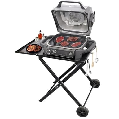 Raweao Woodfire Grill Stand for Ninja OG701, Foldable BBQ Stand for Ninja Electric Grills (OG700 Series) Outside Use, Folding Grill Cart with Side Table