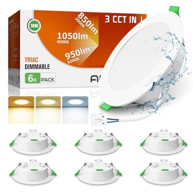 ALUSSO LED Downlights Ceiling Dimmable 10W 1050LM Recessed Ceiling Lights, 3CCT Warm White 3000K Neutral White 4000K Cool White 6500K IP44 Bathroom Spot Lights for Kitchen Living Room, 6 Pack