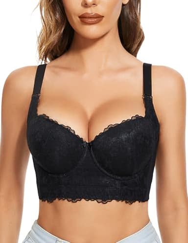 FallSweet Push Up Bras for Women Lace Plus Size Wide Back Underwire Longline Corset Bra(Black, 44DD)
