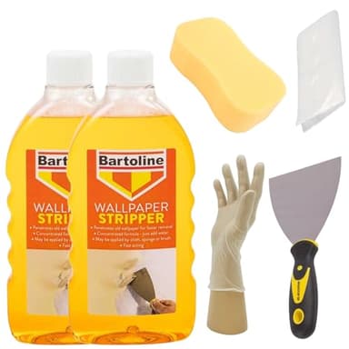Wallpaper Stripper Bundle - 2 x 500ml Bartoline Wallpaper Remover Bottles, Blackspur 4" Scraper with Non-Slip Grip, Thick 2' Sponge, Gloves & Dust Sheet | Ultimate Wallpaper Removal Kit