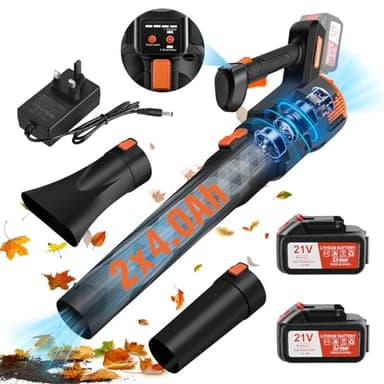 CHANGEMOORE 494CFM Brushless Cordless Leaf Blower with 2X4.0Ah Battery, Charger & 2 Nozzles, 21V Leaf Blower Cordless, 3-Speed Mode, Lightweight Battery Leaf Blower for Wet Leaves/Snow/Dust, Orange