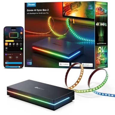 Govee HDMI 2.1 Sync Box Kit 2, AI Sync Box with TV Backlight,Supports 8K@60Hz, 4K@144Hz, VRR and ALLM, Works with Matter, RGBIC LED Strip for 55-65 inch TVs, 75 LEDs/m