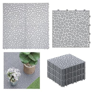 Parkland® Set of 12 Garden Tiles – Grey Cobblestone Effect, Durable Plastic, Anti Slip, Weather Proof, Easy to install Interlocking Garden Slabs for Patio, Walkways & Outdoor Use - 30 x 30 Cm