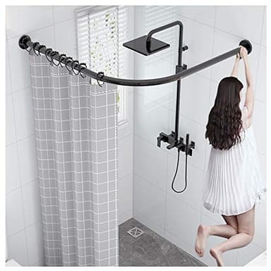 AWERQ Shower Curtain Rail No Drilling Curved Extendable Shower Curtain Rod L Shaped Corner Telescopic Stainless Steel Pole with Bath Curtain and Hooks Black-90 to 130 cm × 90 to 130 cm