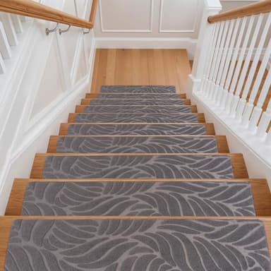 Youyijia 15PCS Anti-Slip Stair Tread Pads - 65x20cm Carpet Stair Treads Mats Self Reused Step Protectors Cover Mat for Kids Elders Pets Stair Carpet Tiles Black (Gery)