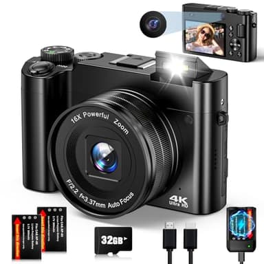 Digital Camera 4K 64MP Autofocus Compact Vlogging Camera with Dual-Lens, 32GB Card, 16X Digital Zoom, 2 Batteries, Flash, Anti-Shake (Black)