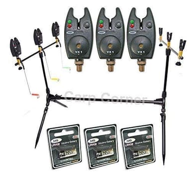 NGT Carp Fishing Rod Pod 3x Black Bite Alarms With Volume Control 3x Indicator Swingers & Rests