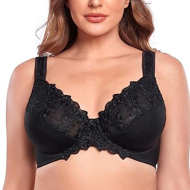 Ayigedu Women's Full Coverage Minimiser Bra Floral Lace Non Padded Plus Size Underwired Bra 44DD Black