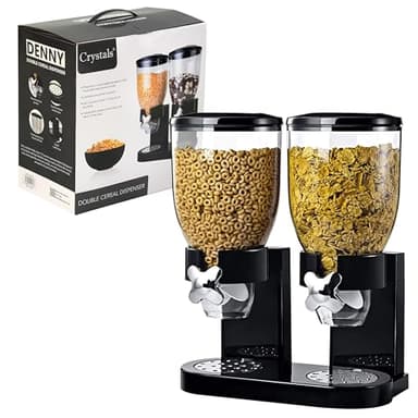 Crystals Single/Double Dry Food & Cereal Dispenser | Plastic Storage Container with Easy Twist Dial for Accurate Portion Control | Airtight Dispenser Keeps Fresh Foods, Clean & Easily Accessible_Black