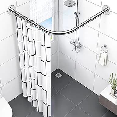 mosegor Shower Curtain Rail L Shaped Shower Curtain Rod Extendable Corner Shower Curtain Pole with Curtain for Bathroom Clothing Store Private Space Drill Free Install 70-95 cm