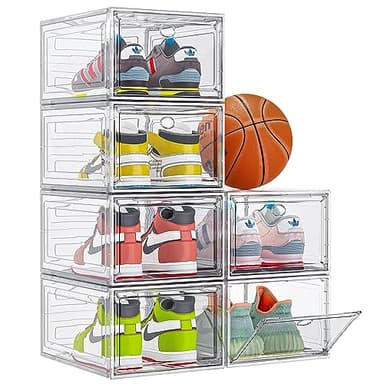 【Thicken & Sturdy】Clear Shoe Storage Organizer with Magnetic Door, Stackable Shoe Storage Boxes for Closet, Foldable Space-Saving Shoe Rack for Sneaker Boot Container, Plastic Shoe Box 6 Pack, White