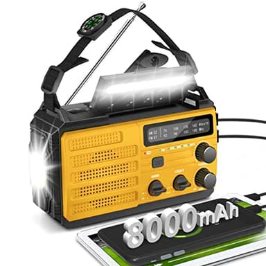 8000mAh Emergency Wind Up Radio, Hand Crank Solar, AM/FM Radio with 3-Mode Flashlight, 2-Mode Reading Lamp, SOS Alarm with USB Phone Charger for Emergency Outdoor