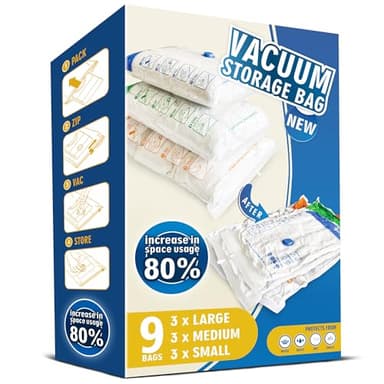 Storage Master Space Saver Bags for Travel and Home Reusable Vacuum Storage Bags Save 80% More Storage Space Work with Vacuum Cleaner (9 Combo, No Pump Included)