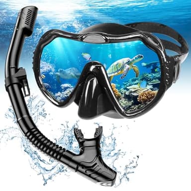 Snorkel Set Adults, Scuba Snorkelling Packages with Anti-Fog Panoramic View Swimming Goggles,Dry Snorkel Set Suitable for Snorkeling Diving Swimming (Black)