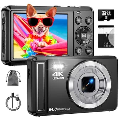 ZMOQNG Digital Camera 4K 64MP Autofocus with 32GB SD Card, 2.8" Screen Compact Vlogging Camera with 1200 mAh Battery, for Teens Students Beginners