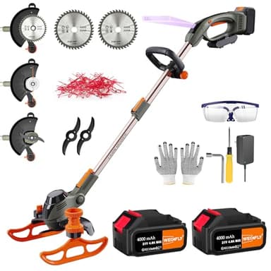 WeGofly Cordless Grass Trimmer, with (21V 2x4.0Ah & Charger), 4-in-1 Electric Strimmer/Garden strimmer/Brush Cutter and lawn edger, with 2 x Saw Blades, 2 x Metal Blades, 20x Grass