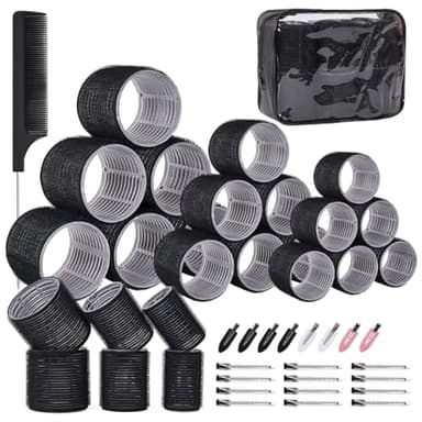 PandyCare Hair Rollers Set 40 PCS, Hair Roller For Long & Short Hair, Velcro Hair rollers, Rollers hair curlers with 18 Self Grip Black Rollers, 16 Hair Clips, 1 Rat Tail Combs&Waterproof storage bag