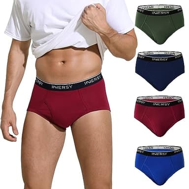 INNERSY Briefs Men Cotton Underpants with Fly Pants Underwear Breathable Hipster Multipack 4 (XXL, Blue/Wine/Green/Navy)
