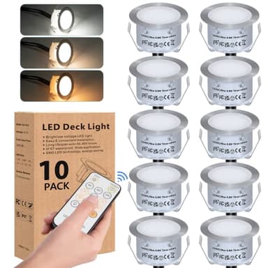 10 Pack Led Decking Lights with Remote Control, 0.8W LED Deck Lights Ø42MM, Warm White Deck Lighting Waterproof IP67, 12V Low Voltage Plinth Light for Terrace/Patio/Path/Wall/Garden/Decoration