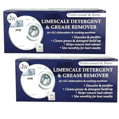 JYW Limescale & Grease Remover & Descaler Detergent for Cleaner Washing Machines & Dishwashers 10 x 50g Powder Sachets (Pack of 2)