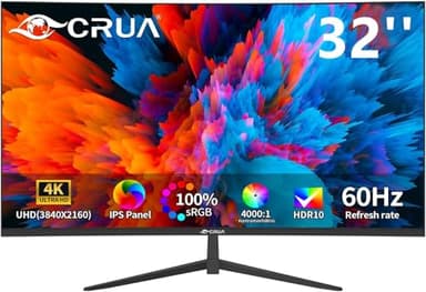 CRUA 32 Inch 4K UHD IPS Monitor, 3840×2160, 60Hz, 100% sRGB, AMD FreeSync, Eye-Care Tilt Display, 178° Wide View, HDMI & DisplayPort, VESA 100x100, Ultra HD Gaming & Office Screen – Black
