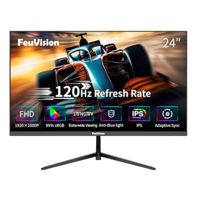 FeuVision 24inch Computer Monitor, FHD 1080p, 120Hz PC Monitor, 4ms Response Time, 3-Sided Frameless, Ultra Slim, VESA Mountable, Anti-Blue Light Design, HDMI, DP (60Hz for PS5)