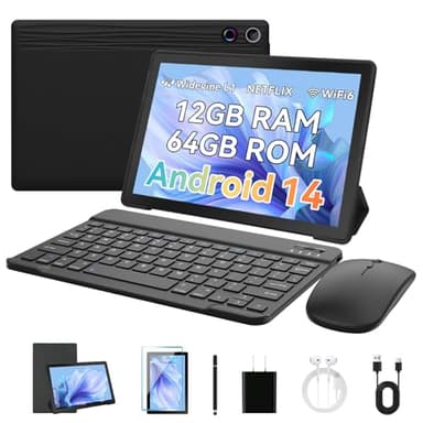 Freeski Tablets 10 inch Tablet Android 14,Octa-Core Processor,12GB RAM 1TB Expand,5G WiFi 6,1280 x 800 HD/Dual 5MP+8MP Camere/Bluetooth 5.0/Face ID,Tablet with Keyboard+ Mouse + Case