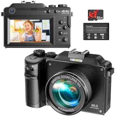Vmotal 4K Digital Camera, UHD 48MP Photo 4K Video Recorder, Dual Lens Camera, 18x Digital Zoom, Autofocus Camera with Wifi APP& SD Card, Vlogging Camera for YouTube