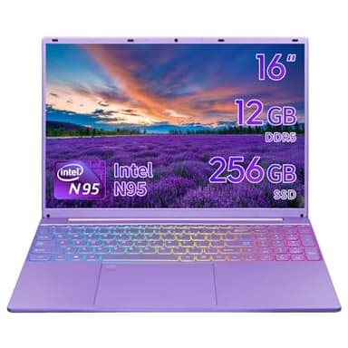 UDKED 16 inch Laptop, N95 CPU(up to 3.4GHz),12GB DDR5,1920x1200 IPS Display,Windows 11 Laptops,Narrow Bezels,Numeric/Backlit KB,USB3.0,Dual Band WiFi,HDMI Purple Notebook PC (Purple/256G SSD)