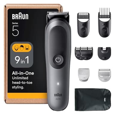 Braun All-in-One Series 5 Grooming Kit, 9in1, Ultra Sharp Blade, 120 Min, SkinGuard for Body, Precise & Efficient Trim, AquaGrip for Under Water Use, AIO5545, Grey