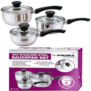 6 Pcs Stainless Steel Saucepan Essential Cookware Set with Glass Lids & Sturdy Handles Pot Prima Kitchen Cook Home Chef Cooking Sauce Pan Housewarming Gifts UK Free P&P, Silver