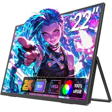 22" Portable Monitor With Kickstand, 100% sRGB 2K Portable Gaming Monitor - HDR Large Gaming Display, External Second Screen for Laptop/PC/Mac/PS3/4/5/Xbox
