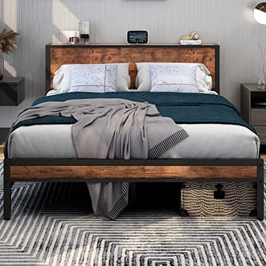 DUMEE Black Queen Size Bed Frame with Wood Headboard and Footboard, Heavy Duty Metal Platform Bed Frames with Storage No Box Spring Needed, Steel Slats Mattress Foundation Noise Free, Brown Board
