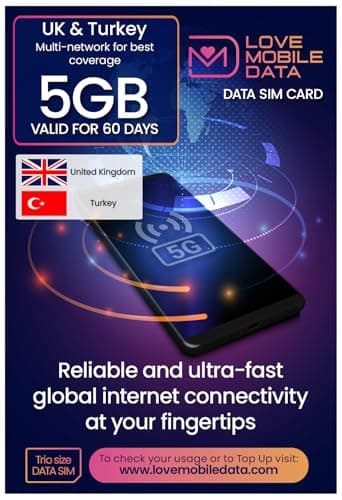 Love Mobile Data Only Sim Card - International Multi-Network 4G/5G Prepaid Pay As You Go Data Sim for Mobile Phones, WiFi Routers, & More, UK & Turkey Coverage, 5GB for 60 Days
