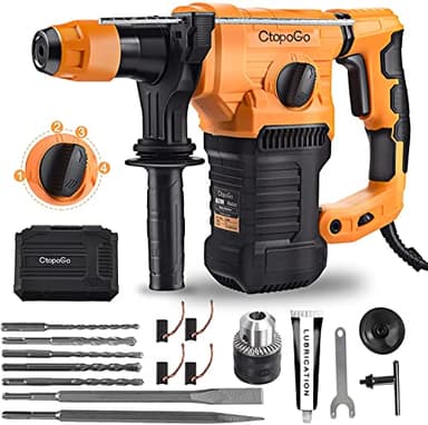 SDS-Plus 1500W Heavy Duty Rotary Hammer Drill 1-1/4 Inch 32MM, Safety Clutch 4 Functions with Vibration Control Including Grease, Chisels and Drill Bits with Case