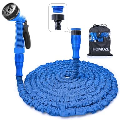 HOMOZE Extendable Hose Pipe 100ft, Ultra-Durable Anti-Leakage Expanding Hose Pipe with 3/4",1/2" Fittings and Rubber Ring, Expandable Garden Hose with 8 Function Spray Nozzle (Blue,100ft)