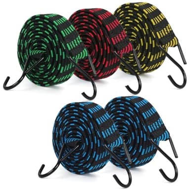 5Pcs Bungee Cords with Hooks, IKR Bungee Straps 2m/6.6ft Long Elastic Bungee Rope Luggage Bungee Straps Anti-slip Flat Elasticity Rubber Straps for Luggage Camping Roof Racks Moving Cargo