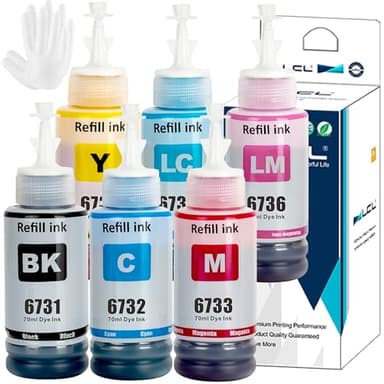 LCL Compatible Ink Bottle (6PK KCMY LC LM) Replacement for Epson C13T67314A T6732 T6731 T6733 T6734 T6735 T6736 EcoTank L800 L805 L810 L850 L1800